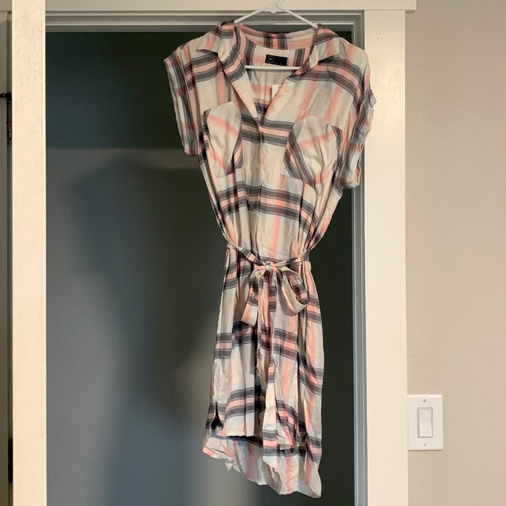 Gap Linen Cotton Shirt Dress in Pink Plaid